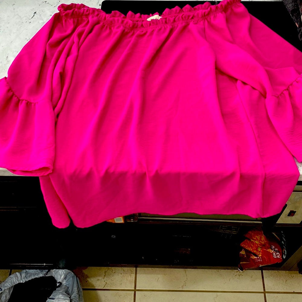 Bell sleeve blouse off the shoulder hot pink over sized